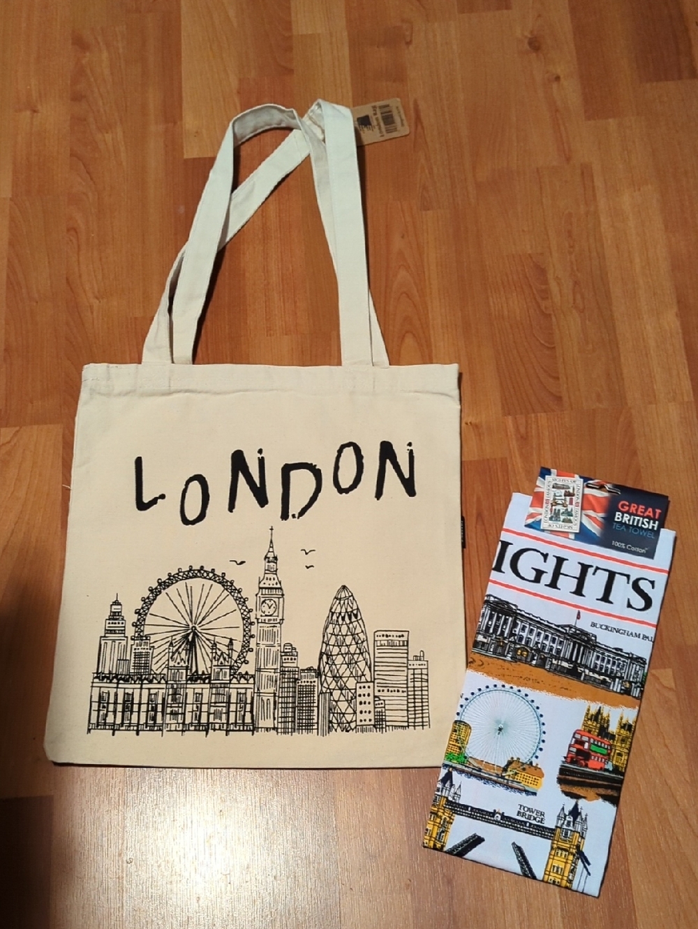 London Skyline Canvas Tote Bag Cream Black Print & England Tea Towel Tourist NEW